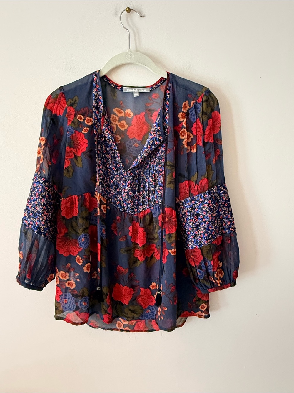 Boho Floral Navy Red Peasant Blouse XS Daniel rainn